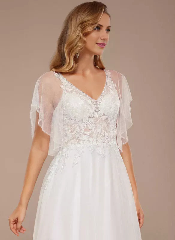Short‑Flutter‑Sleeve Floral‑Lace Tulle A‑Line Wedding Dress With Tie‑V‑Back Detail