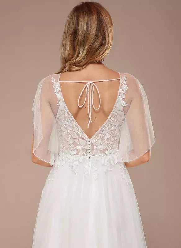 Short‑Flutter‑Sleeve Floral‑Lace Tulle A‑Line Wedding Dress With Tie‑V‑Back Detail