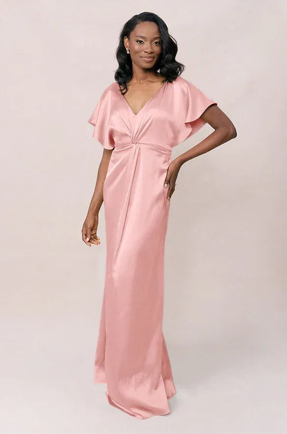 Short Flutter Sleeve Front Twist V Back Mermaid Satin Long Bridesmaid Dress