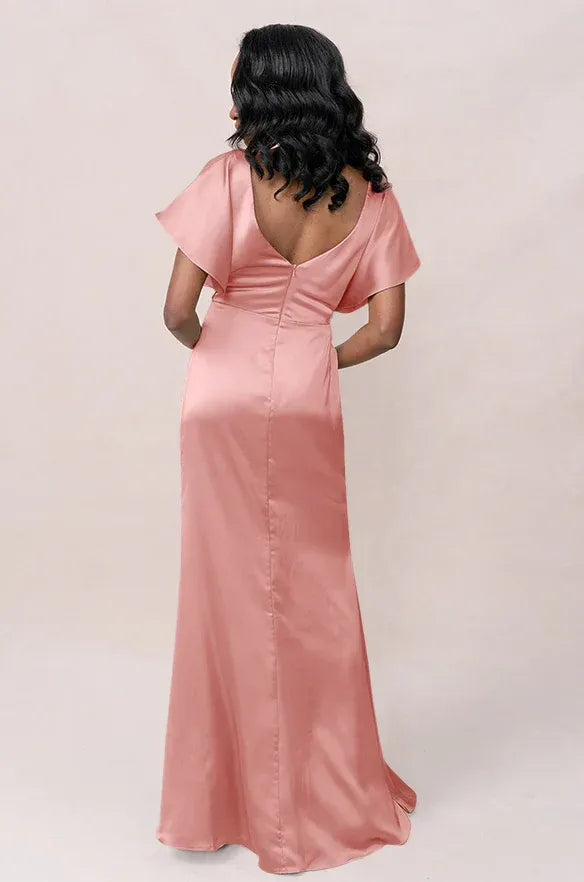 Short Flutter Sleeve Front Twist V Back Mermaid Satin Long Bridesmaid Dress