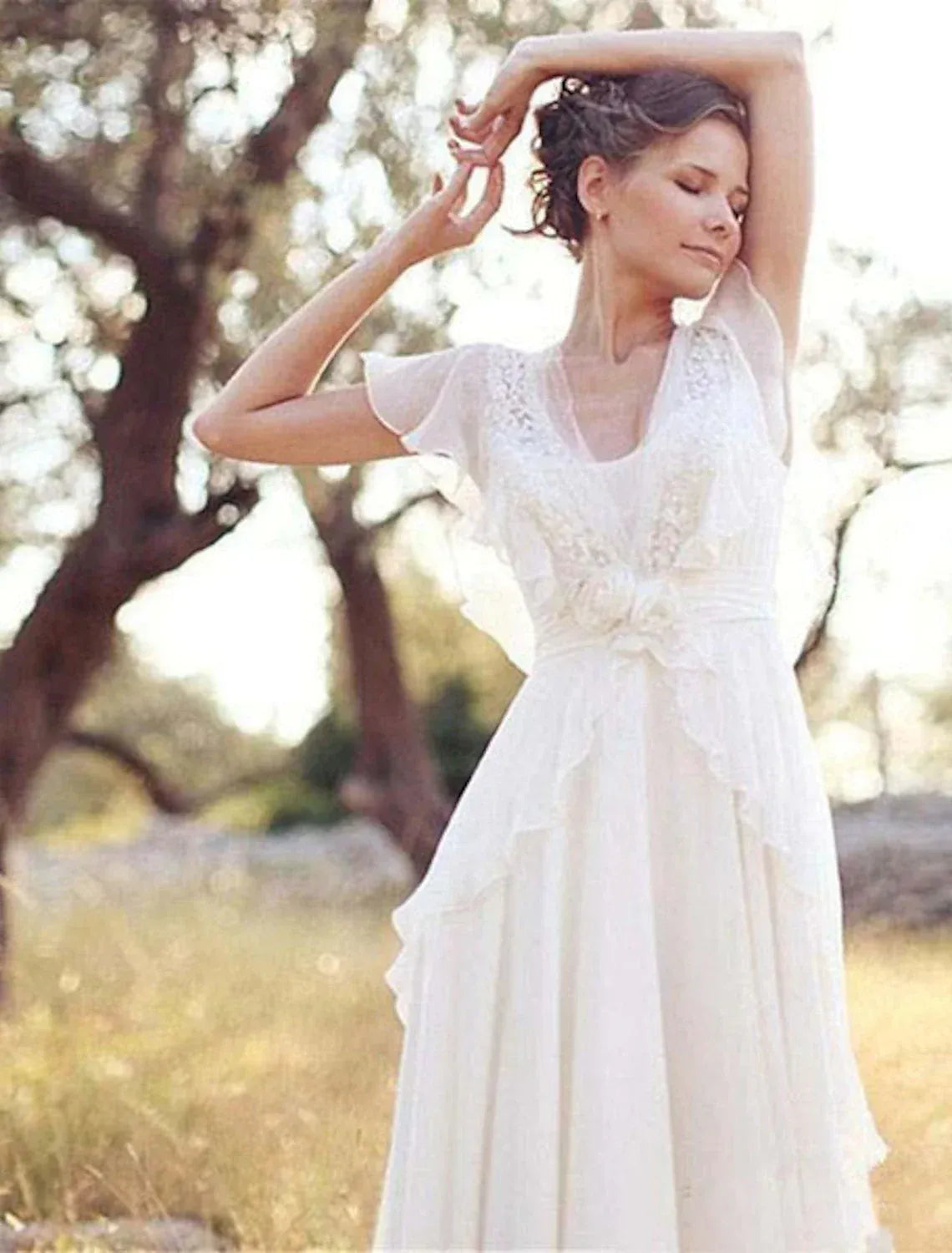 Short‑Flutter‑Sleeve Lace‑Trim Chiffon A‑Line Wedding Dress With Low‑V‑Back & Waist‑Floral Detail