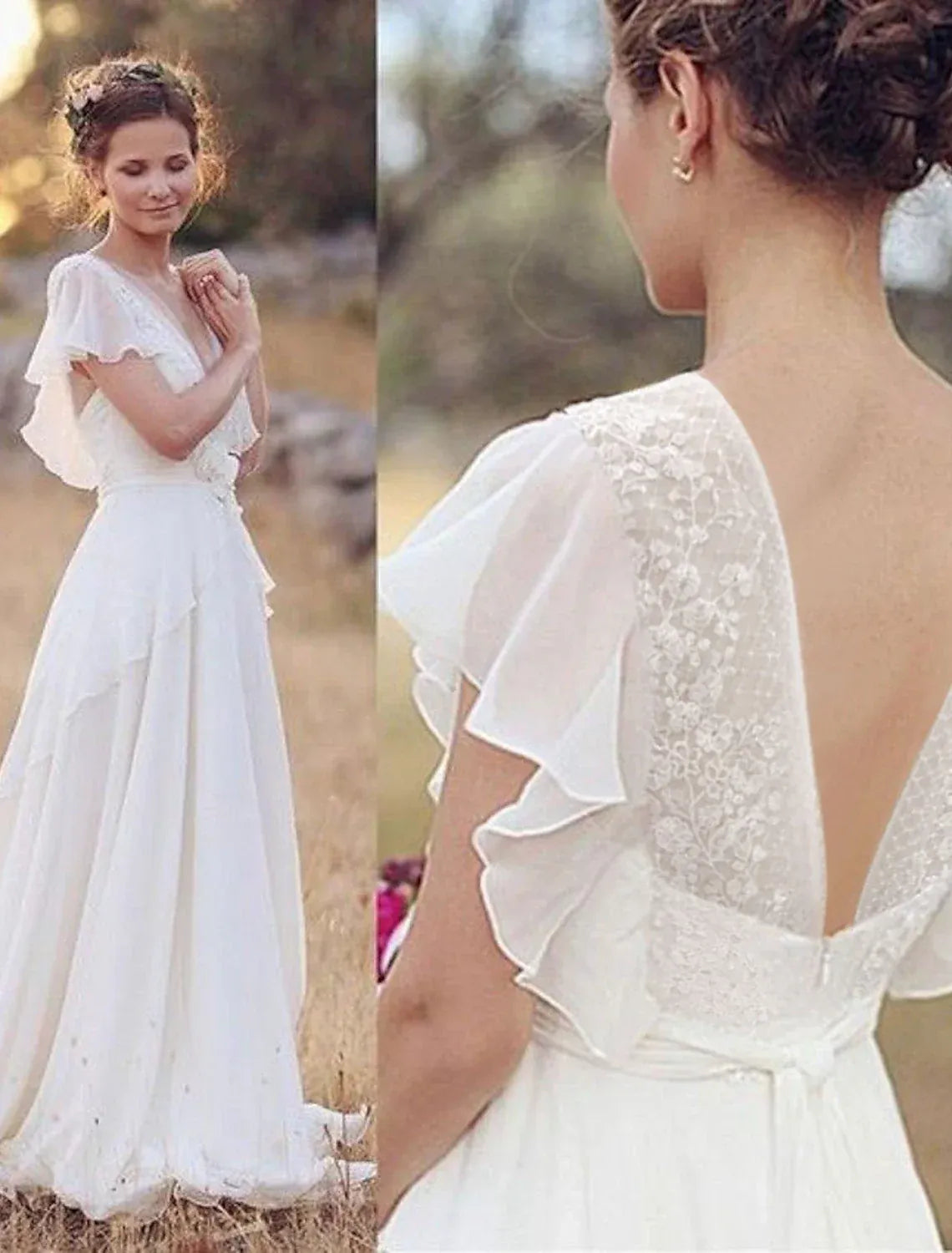 Short‑Flutter‑Sleeve Lace‑Trim Chiffon A‑Line Wedding Dress With Low‑V‑Back & Waist‑Floral Detail