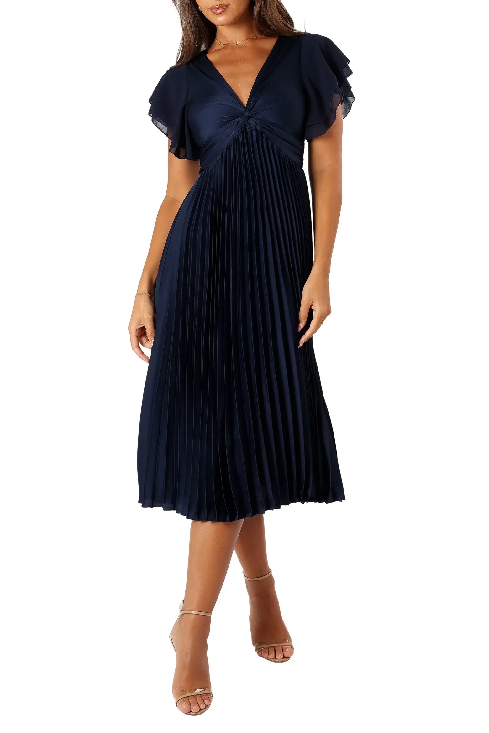 Short Flutter Sleeve Twist V Neck Pleated Plain Back Plain Slit Navy Satin Midi Wedding Guest Dresses