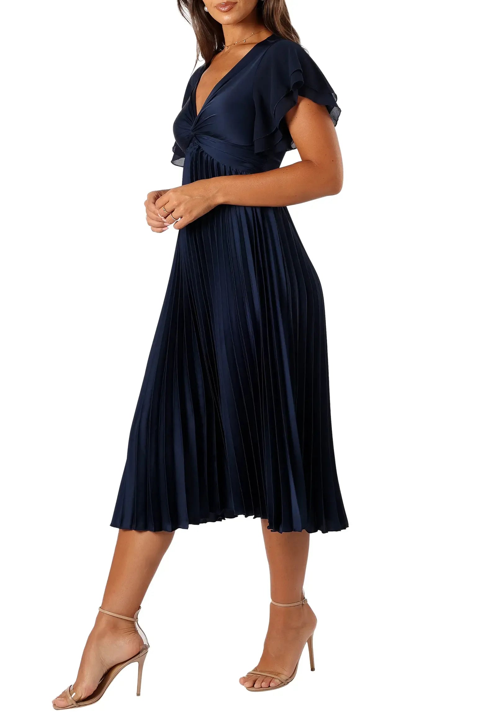 Short Flutter Sleeve Twist V Neck Pleated Plain Back Plain Slit Navy Satin Midi Wedding Guest Dresses