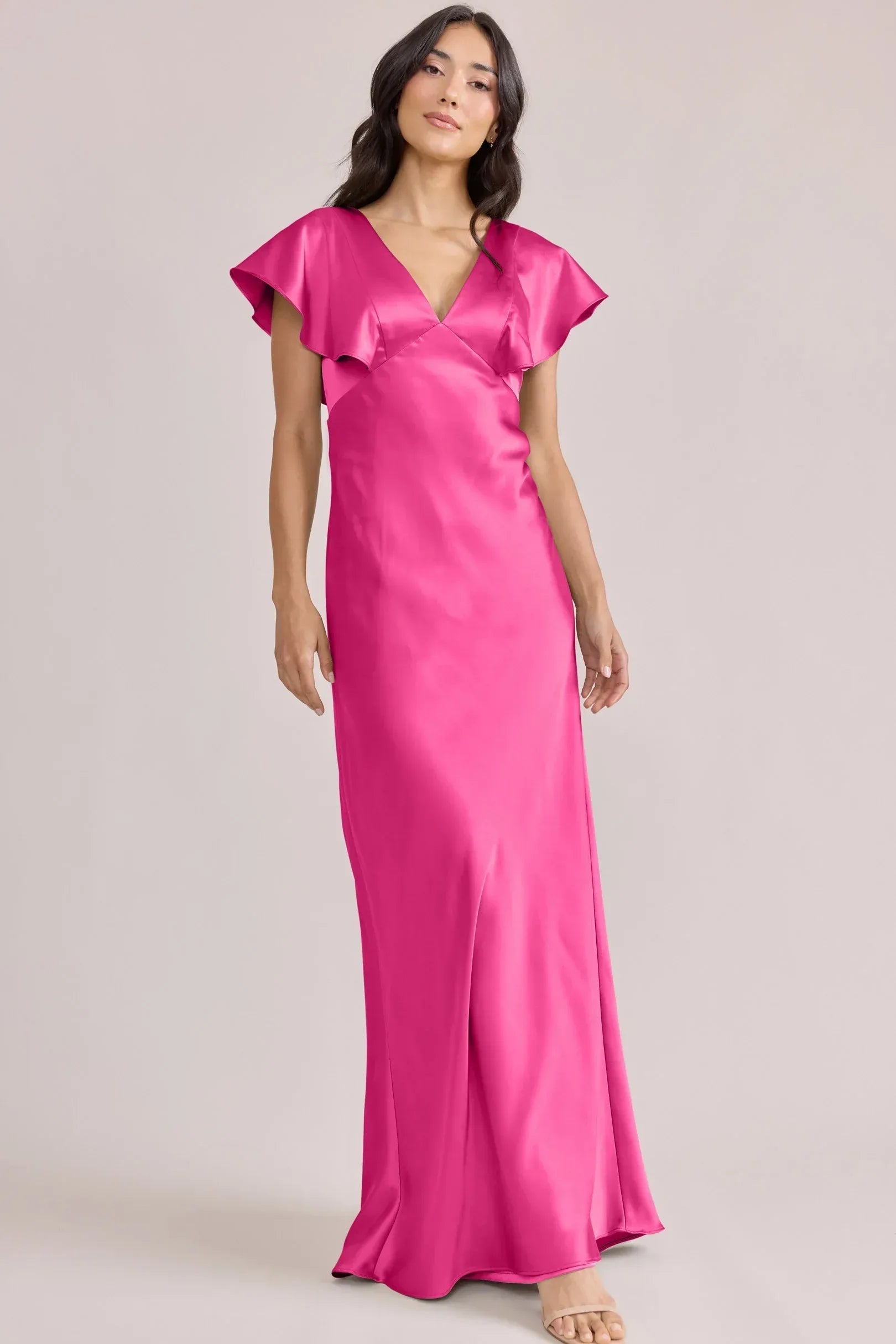 Short Flutter Sleeve V Neck V Back Mermaid Satin Long Bridesmaid Dress