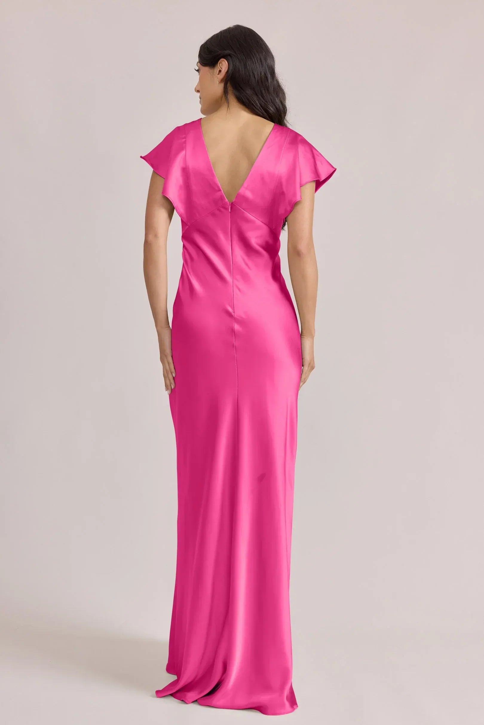 Short Flutter Sleeve V Neck V Back Mermaid Satin Long Bridesmaid Dress