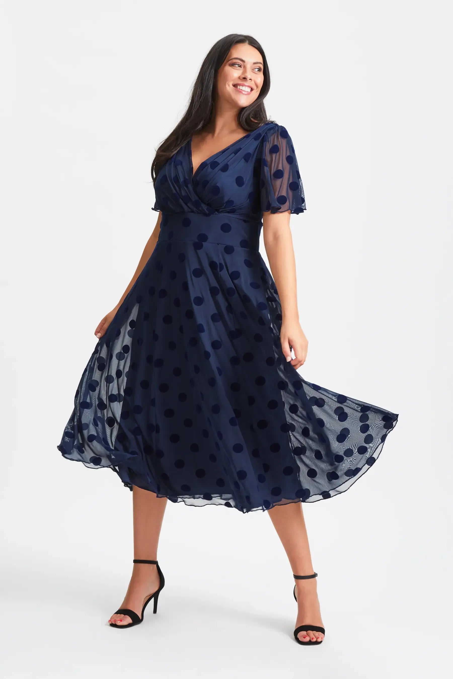 Short Flutter Sleeve Wrap V Neck Polka Dot Mesh Plain Back Midi Navy Wedding Guest Dresses