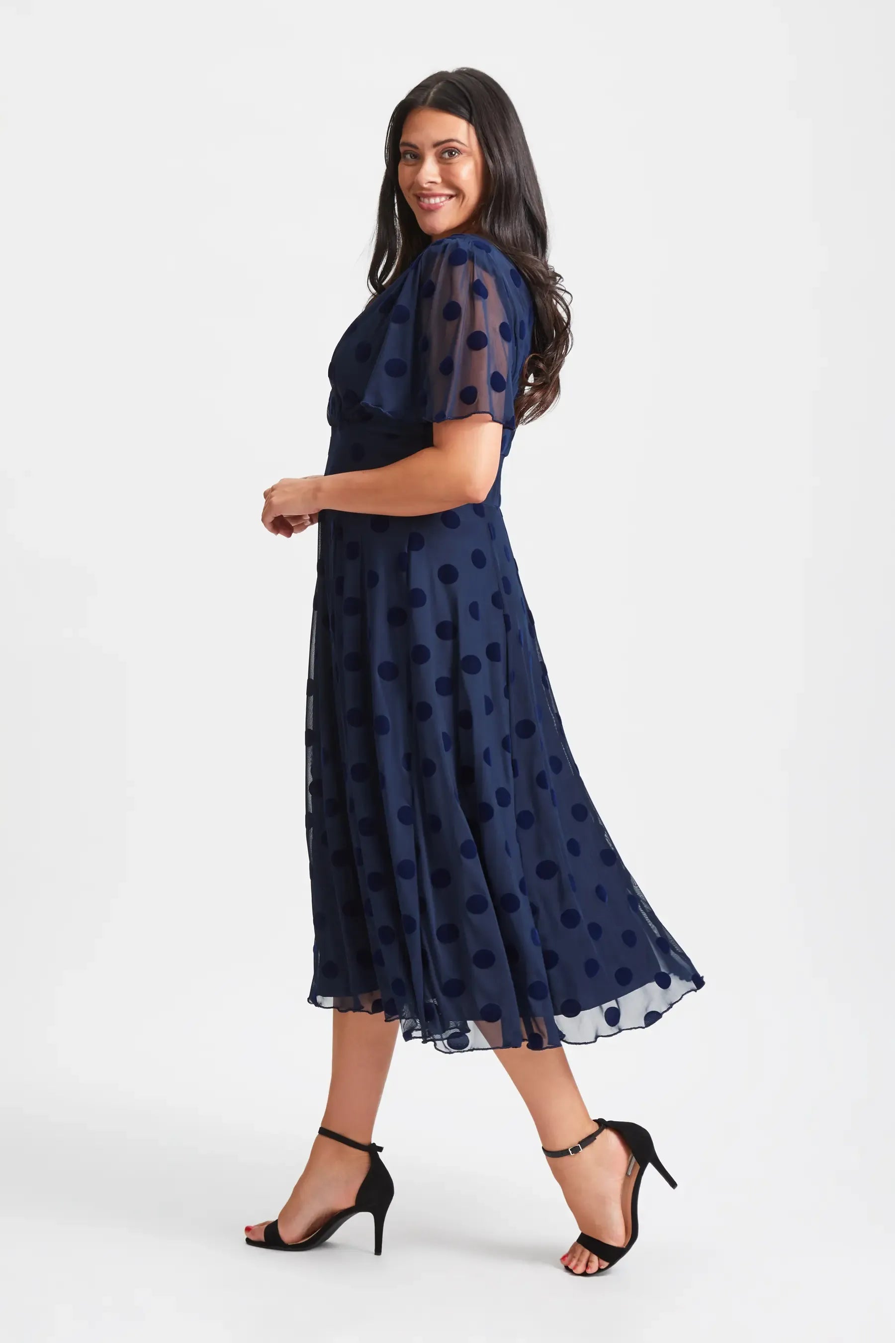 Short Flutter Sleeve Wrap V Neck Polka Dot Mesh Plain Back Midi Navy Wedding Guest Dresses