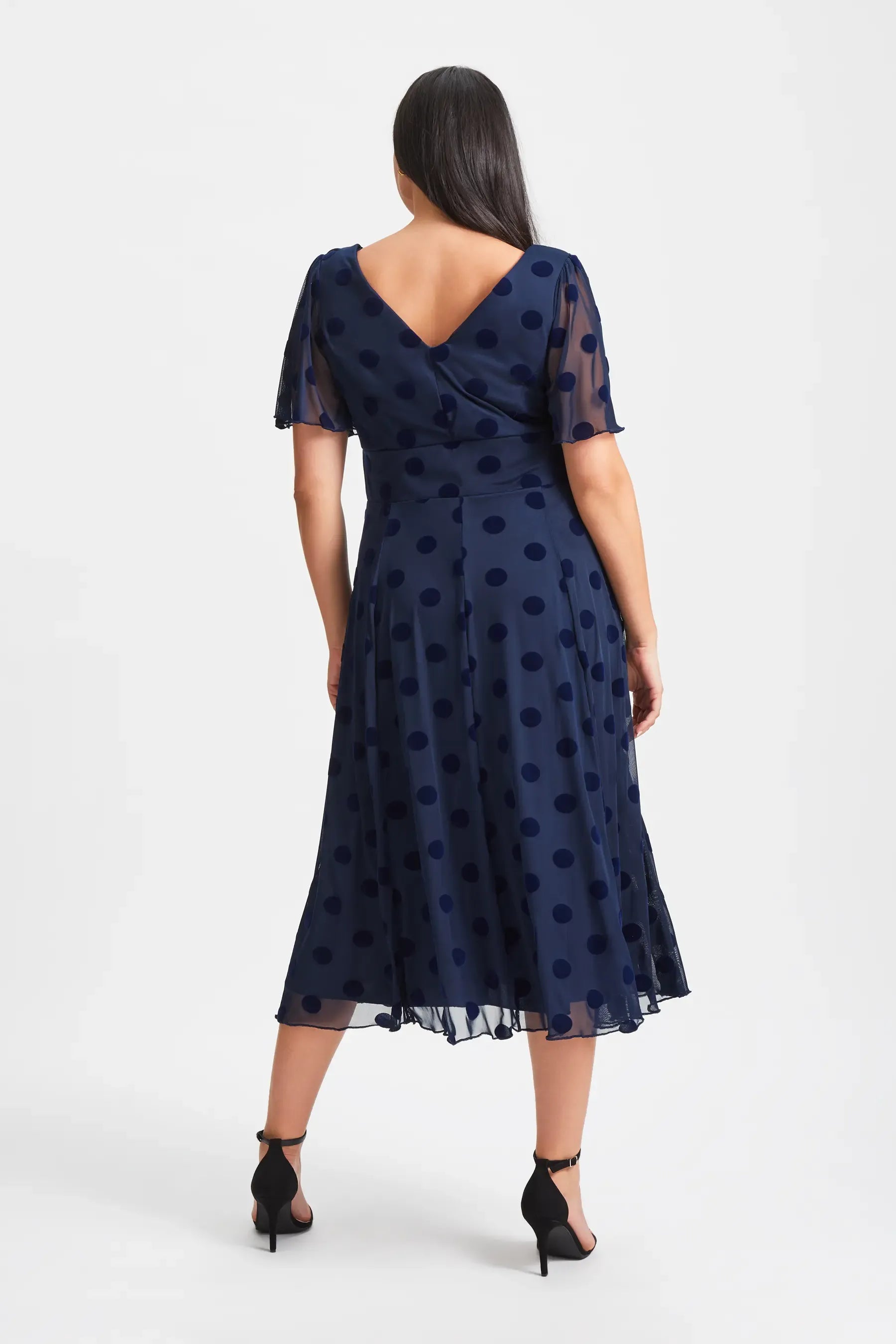 Short Flutter Sleeve Wrap V Neck Polka Dot Mesh Plain Back Midi Navy Wedding Guest Dresses