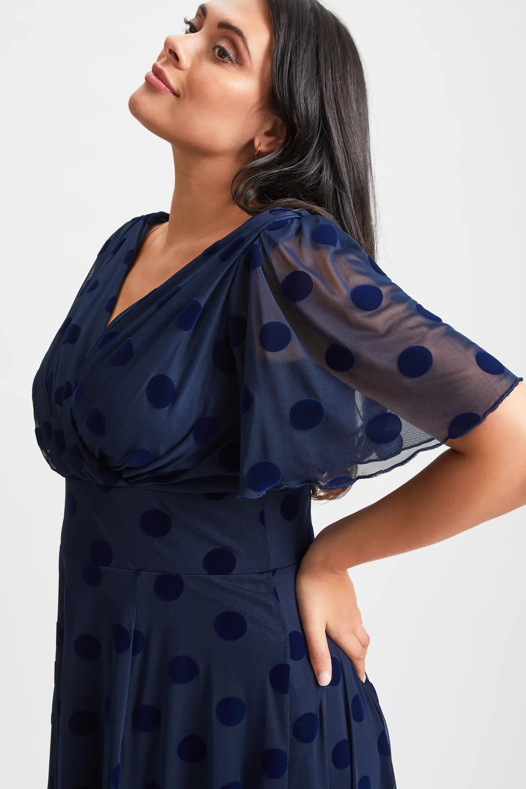 Short Flutter Sleeve Wrap V Neck Polka Dot Mesh Plain Back Midi Navy Wedding Guest Dresses