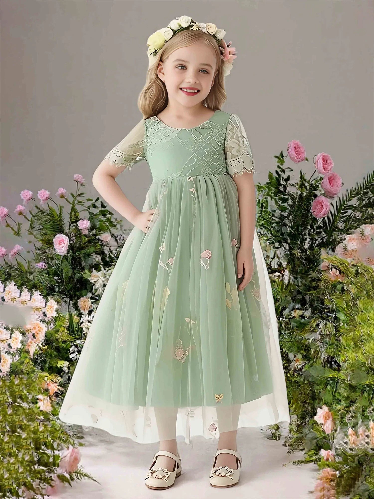 Short Lace Sleeve Round V Back 3D Butterfly Floral Green Tulle Midi Flower Girl Dresses