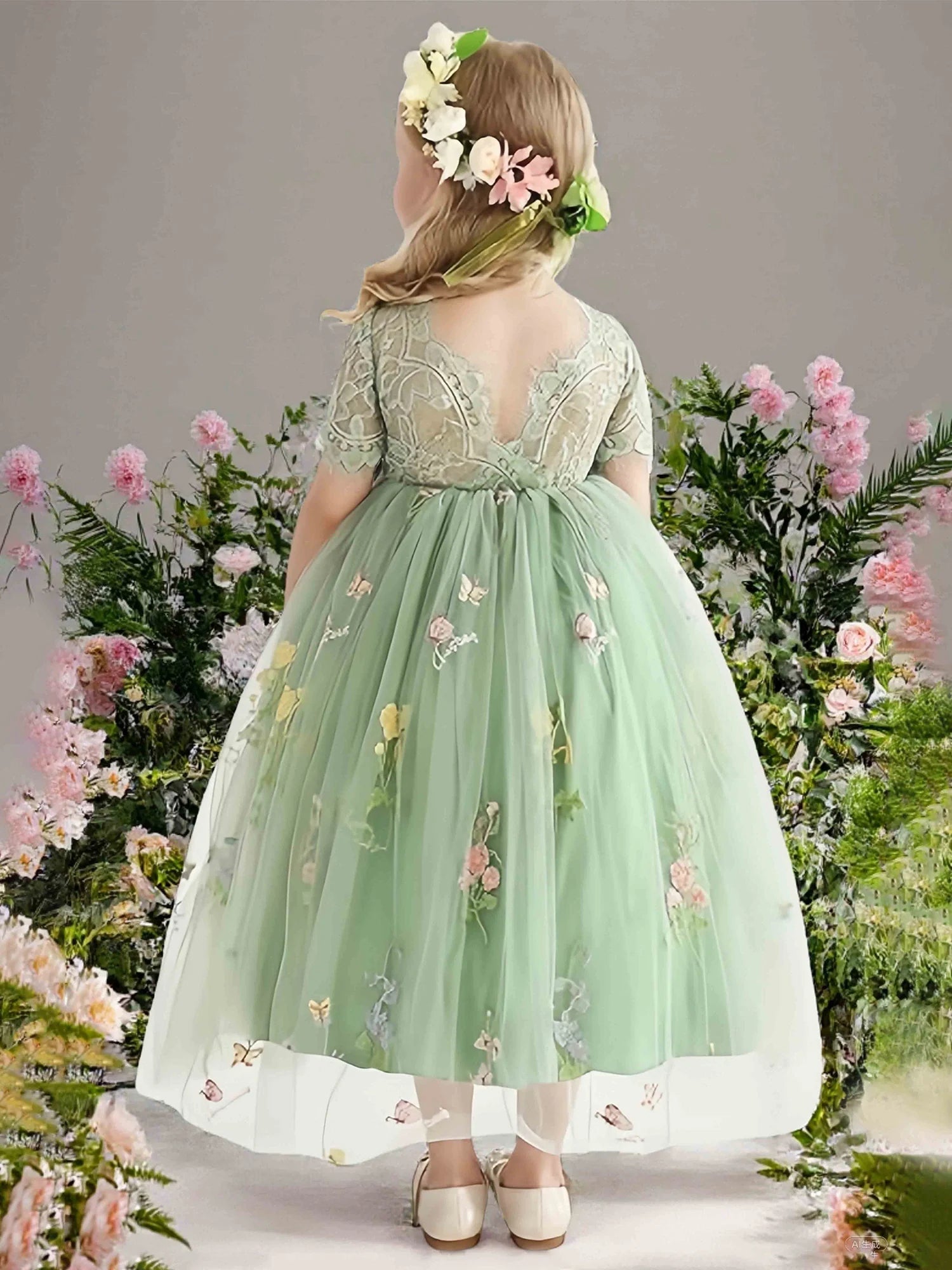 Short Lace Sleeve Round V Back 3D Butterfly Floral Green Tulle Midi Flower Girl Dresses