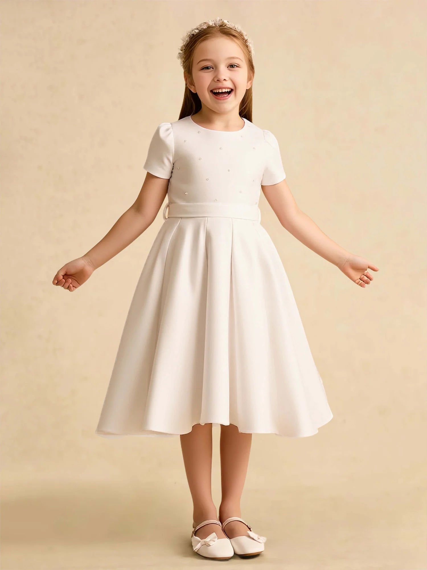 Short Puff Sleeve Round Neck Pearl Dot Waist Sash Back Bow White Satin Midi Flower Girl Dresses