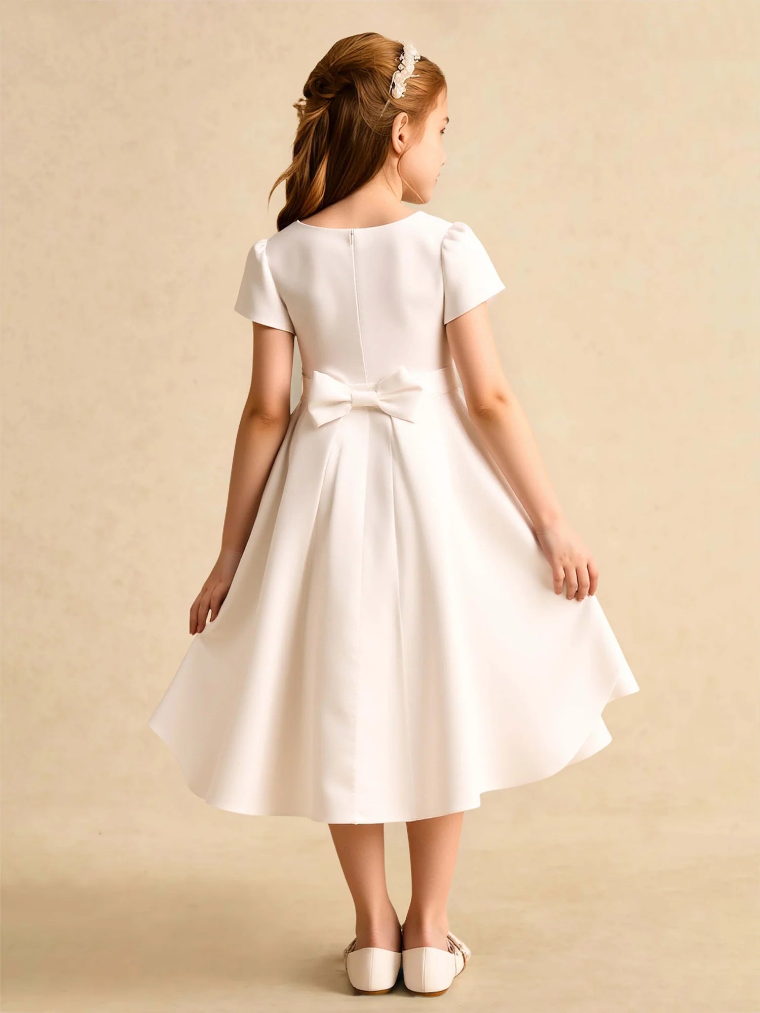 Short Puff Sleeve Round Neck Pearl Dot Waist Sash Back Bow White Satin Midi Flower Girl Dresses