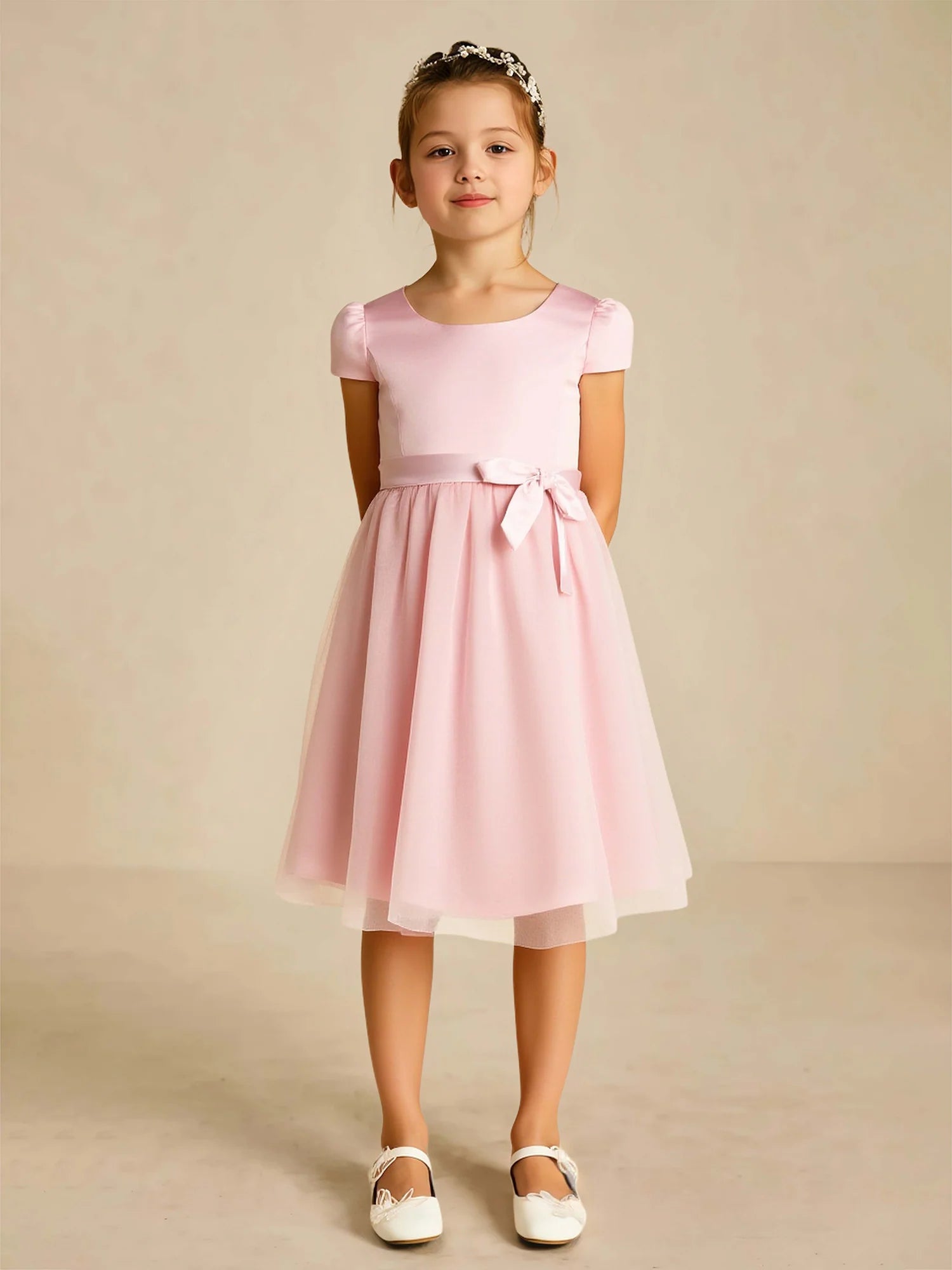 Short Puff Sleeve Round Waist Sash Big Back Bow Pink Tulle Knee Length Flower Girl Dresses