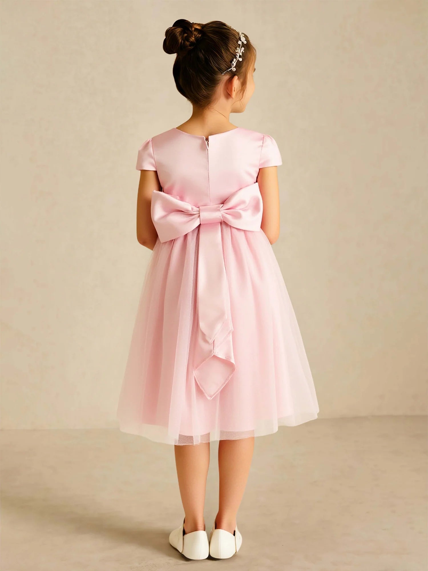 Short Puff Sleeve Round Waist Sash Big Back Bow Pink Tulle Knee Length Flower Girl Dresses