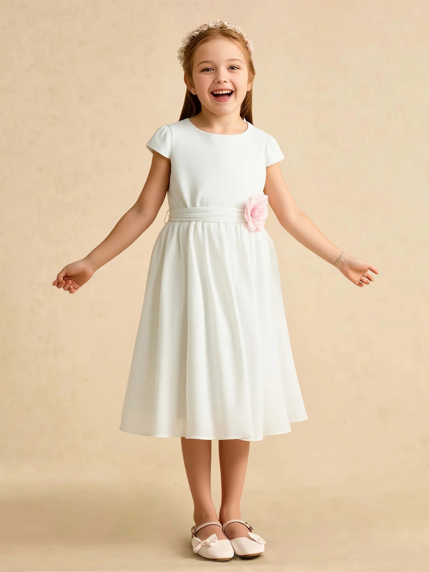 Short Puff Sleeve Round Waist Side Rose Back Tie White Chiffon Midi Flower Girl Dresses
