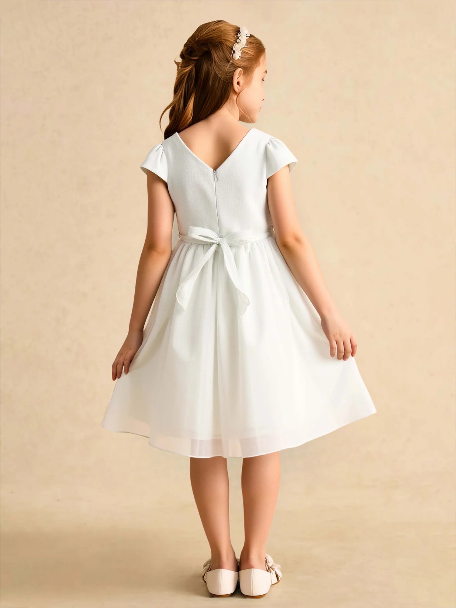 Short Puff Sleeve Round Waist Side Rose Back Tie White Chiffon Midi Flower Girl Dresses