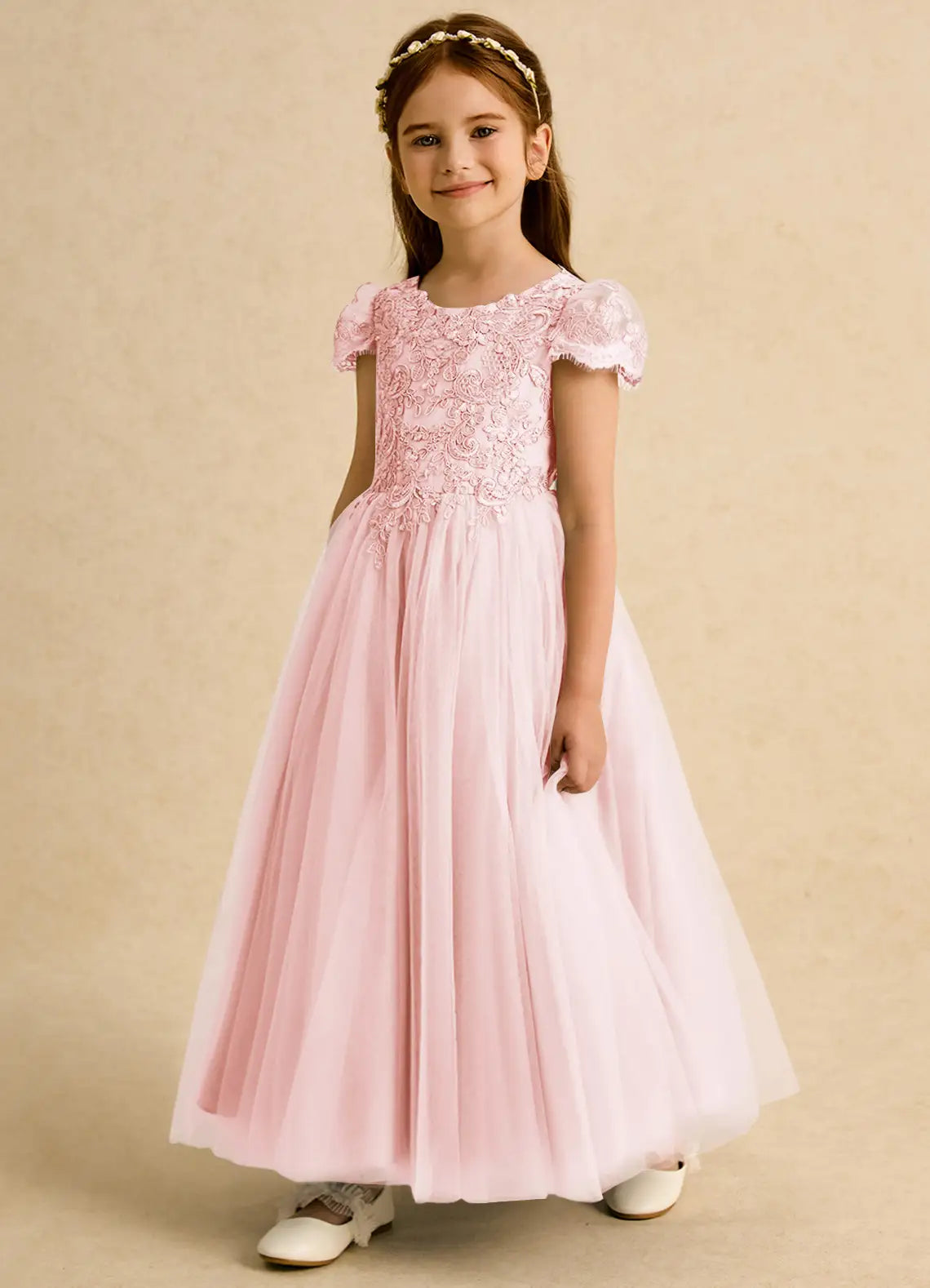 Short Ruffle Sleeve Round Keyhole V-Back White Floral Lace Blush Pink Tulle Floor-Length Flower Girl Dresses