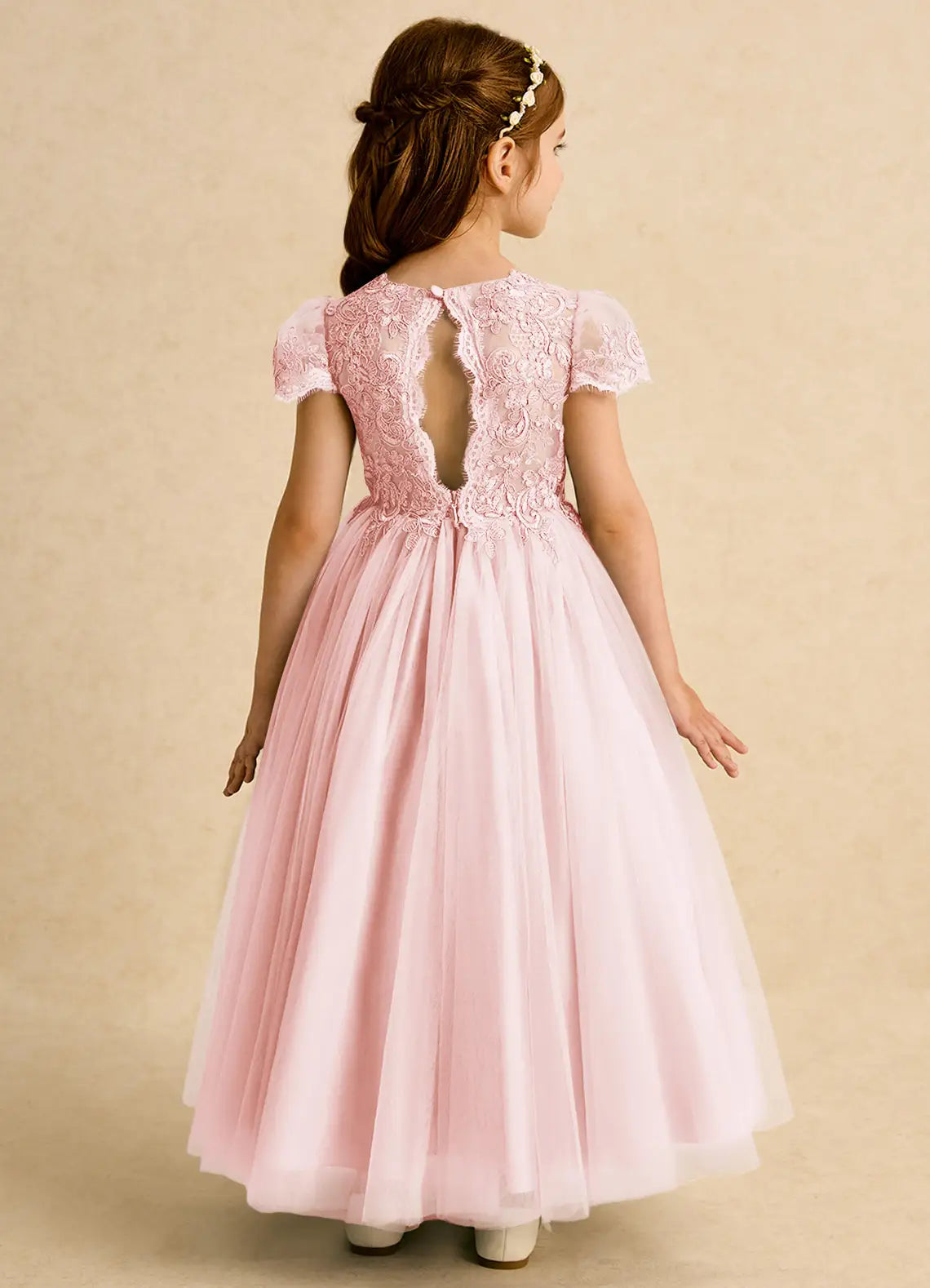 Short Ruffle Sleeve Round Keyhole V-Back White Floral Lace Blush Pink Tulle Floor-Length Flower Girl Dresses