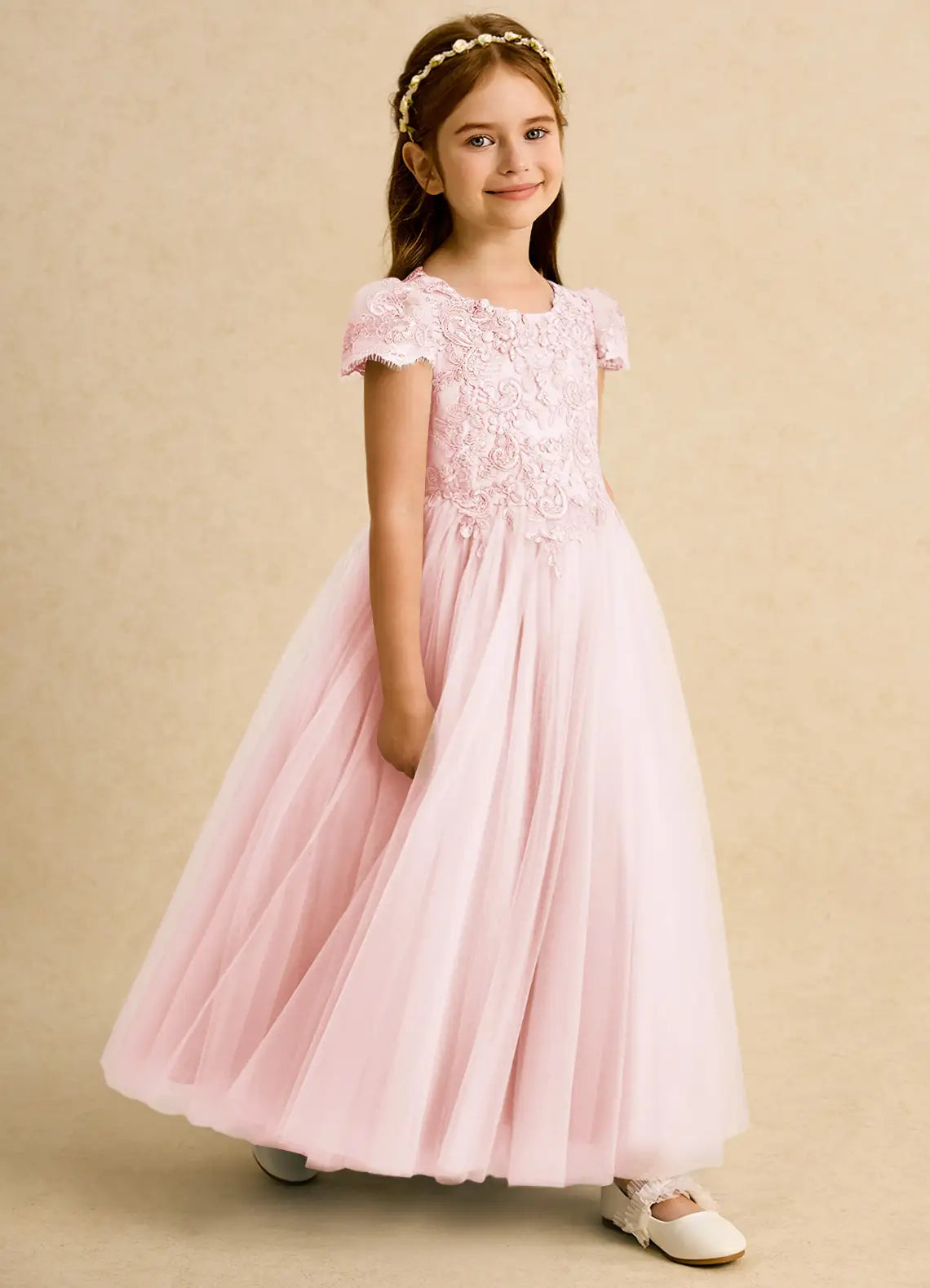 Short Ruffle Sleeve Round Keyhole V-Back White Floral Lace Blush Pink Tulle Floor-Length Flower Girl Dresses