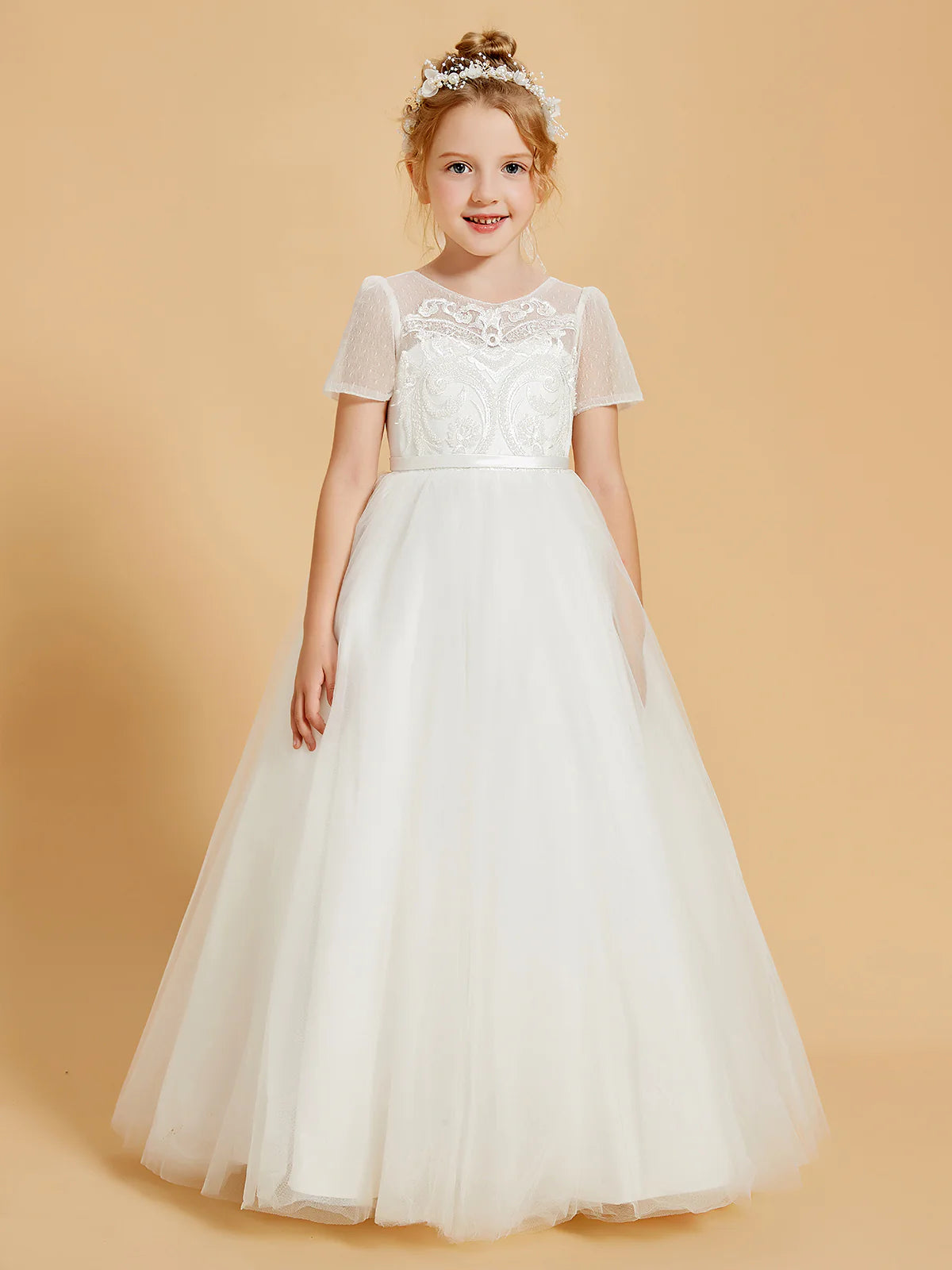 Short Sleeve Illusion Neck V Back Floral Lace White Tulle Floor Length Flower Girl Dresses