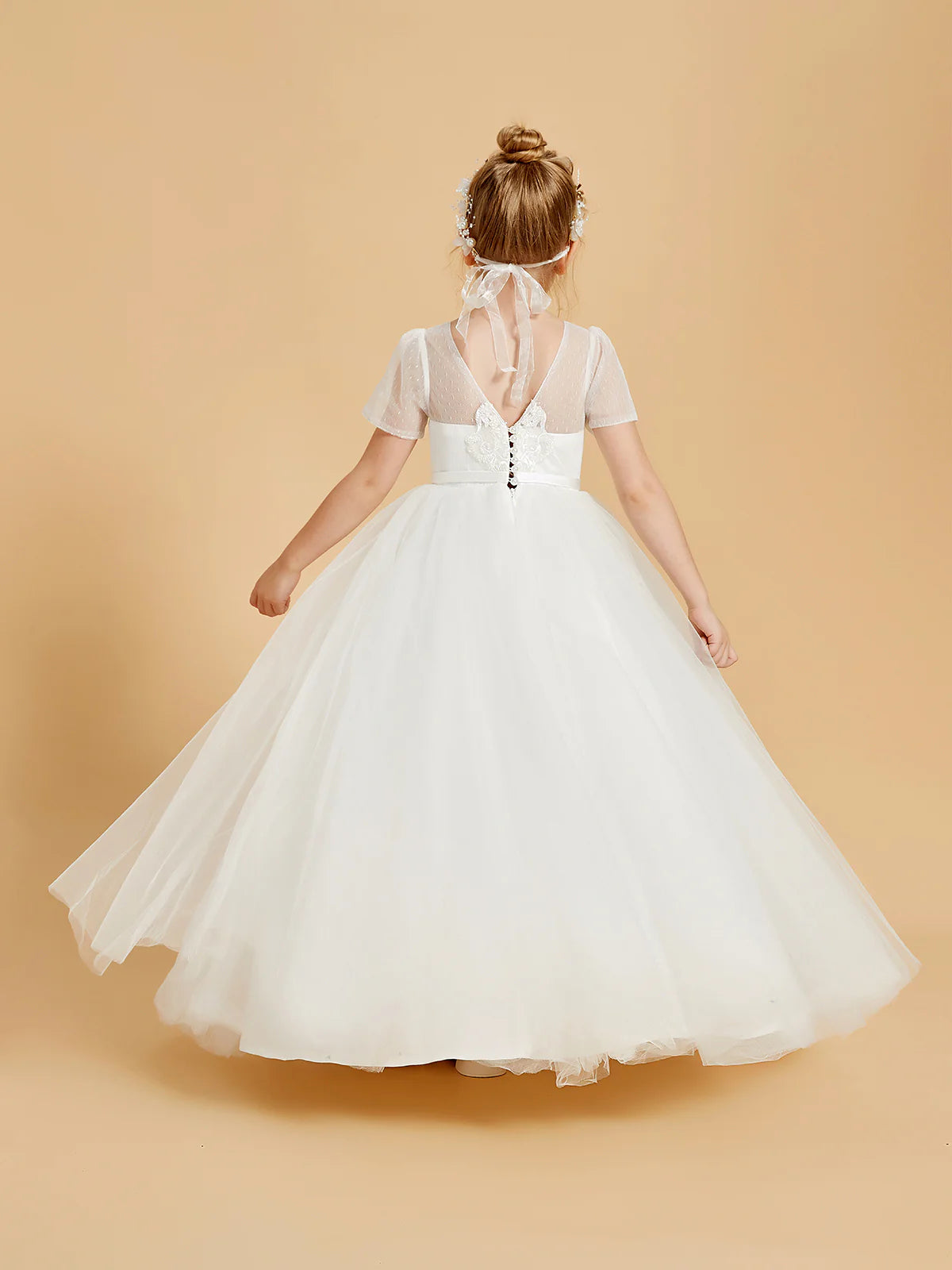 Short Sleeve Illusion Neck V Back Floral Lace White Tulle Floor Length Flower Girl Dresses