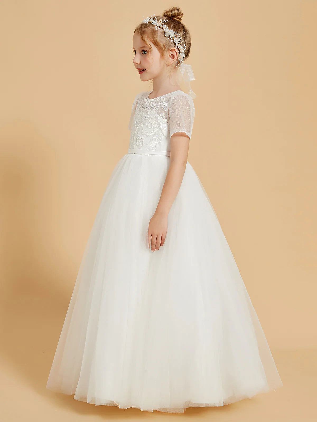 Short Sleeve Illusion Neck V Back Floral Lace White Tulle Floor Length Flower Girl Dresses