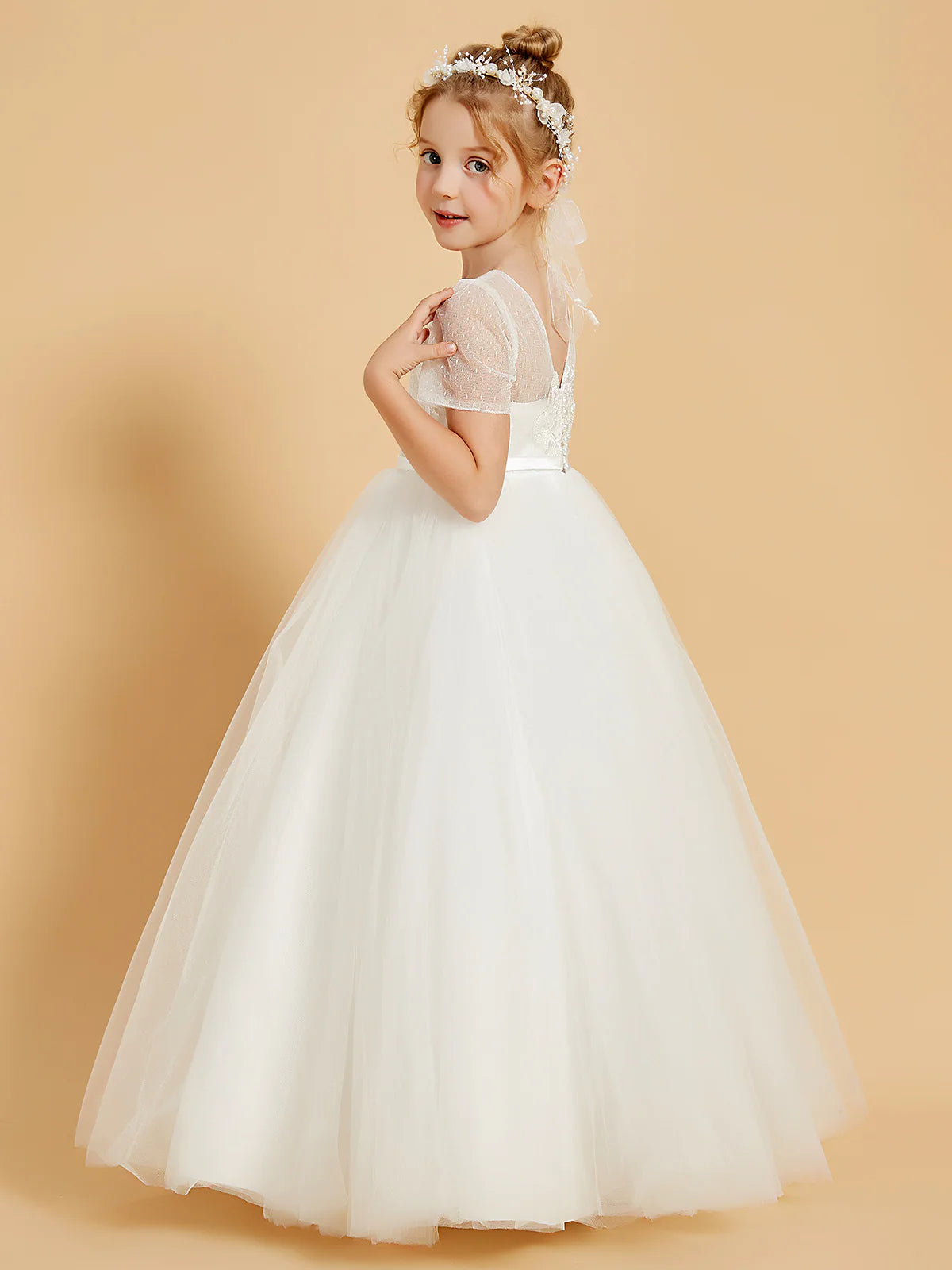 Short Sleeve Illusion Neck V Back Floral Lace White Tulle Floor Length Flower Girl Dresses
