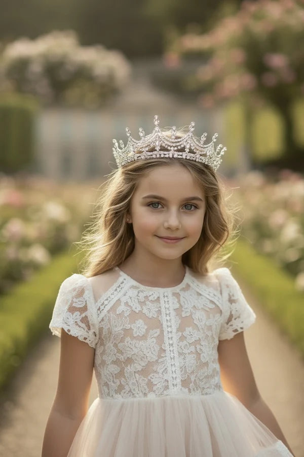 Short Sleeve Lace Ivory Tulle Full Length Tiered Flower Girl Dresses