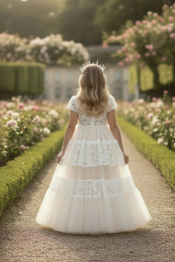 Short Sleeve Lace Ivory Tulle Full Length Tiered Flower Girl Dresses