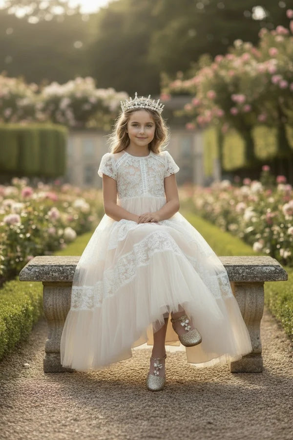 Short Sleeve Lace Ivory Tulle Full Length Tiered Flower Girl Dresses