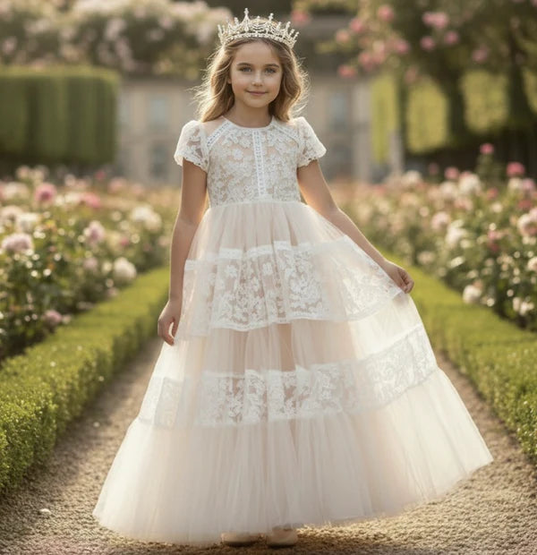 Short Sleeve Lace Ivory Tulle Full Length Tiered Flower Girl Dresses