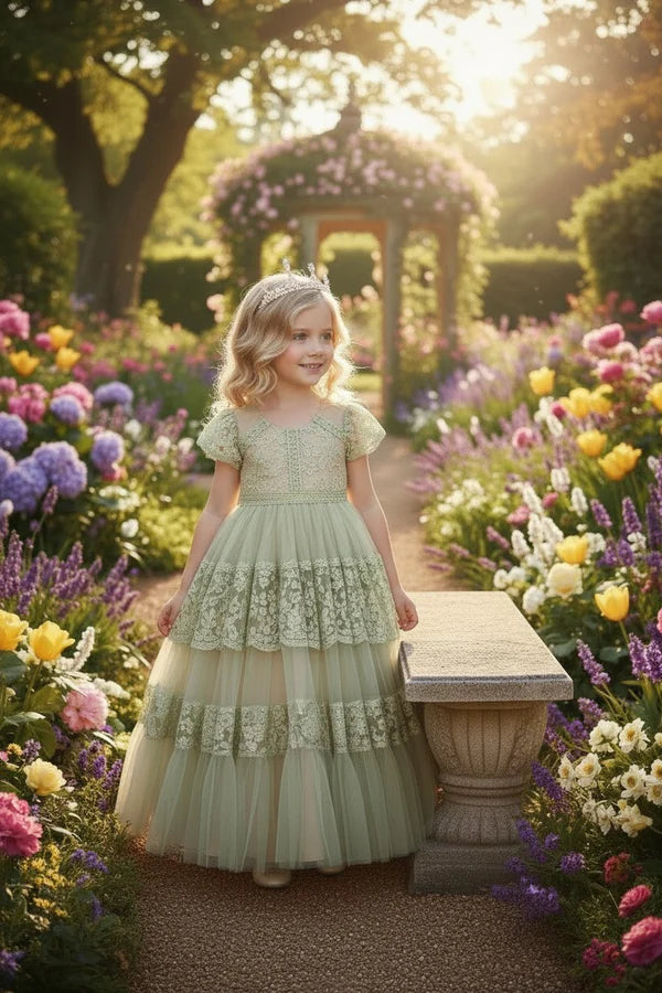 Short Sleeve Lace Sage Green Tulle Full Length Tiered Girls Formal Dresses