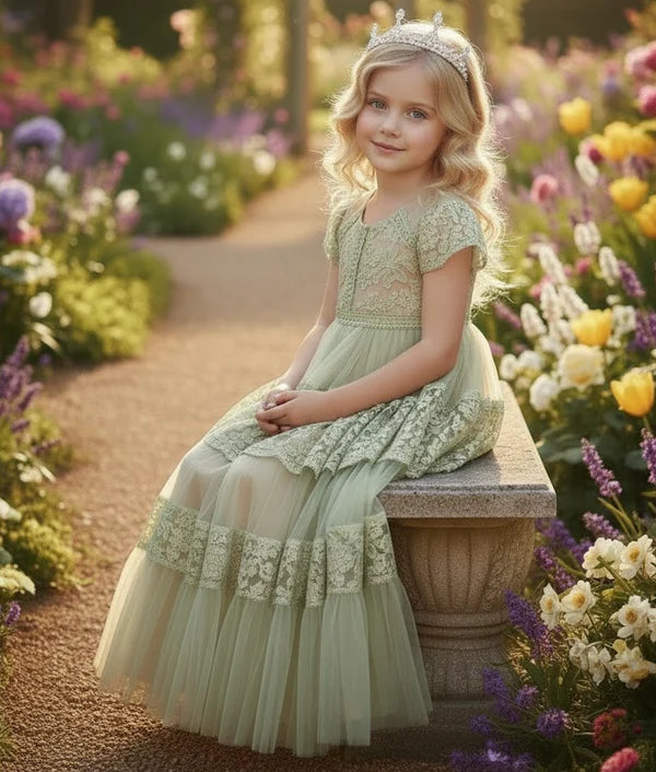 Short Sleeve Lace Sage Green Tulle Full Length Tiered Girls Formal Dresses
