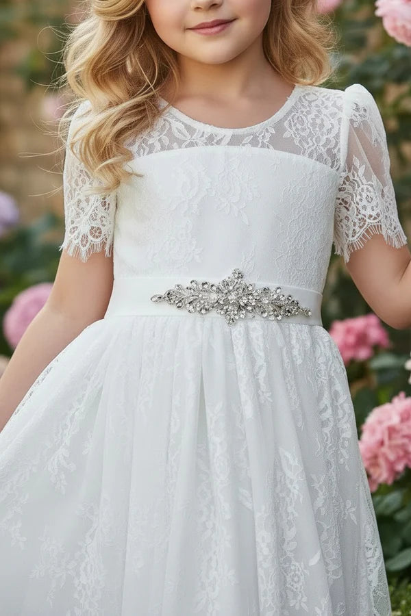 Short Sleeve Lace White High Low Flower Girl Dresses with Rhinestone Belt