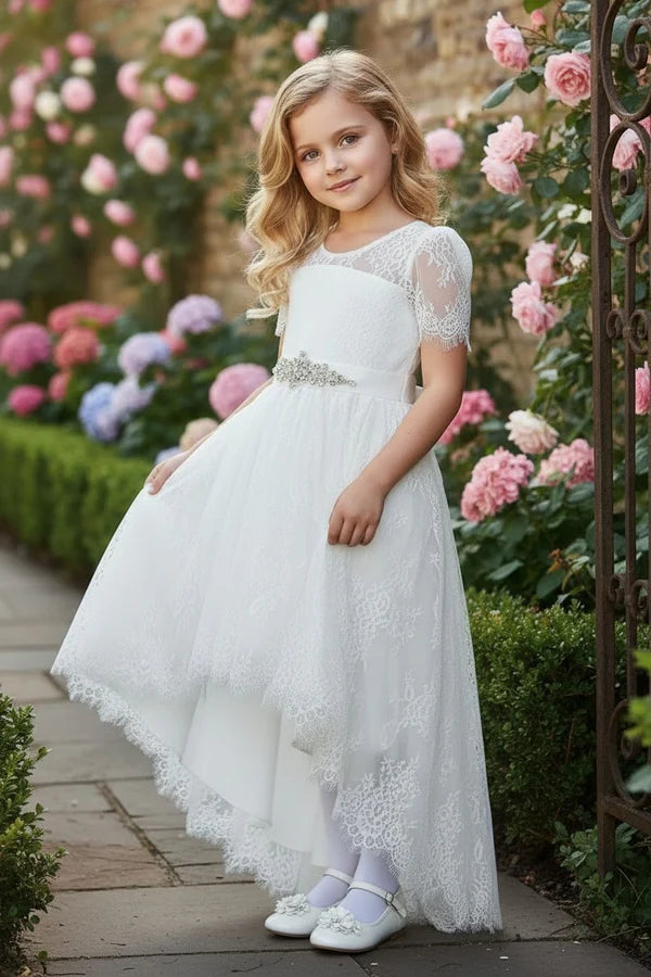 Short Sleeve Lace White High Low Flower Girl Dresses with Rhinestone Belt