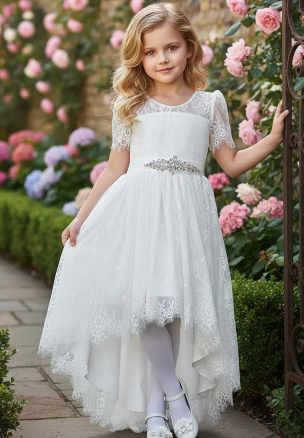 Short Sleeve Lace White High Low Flower Girl Dresses with Rhinestone Belt