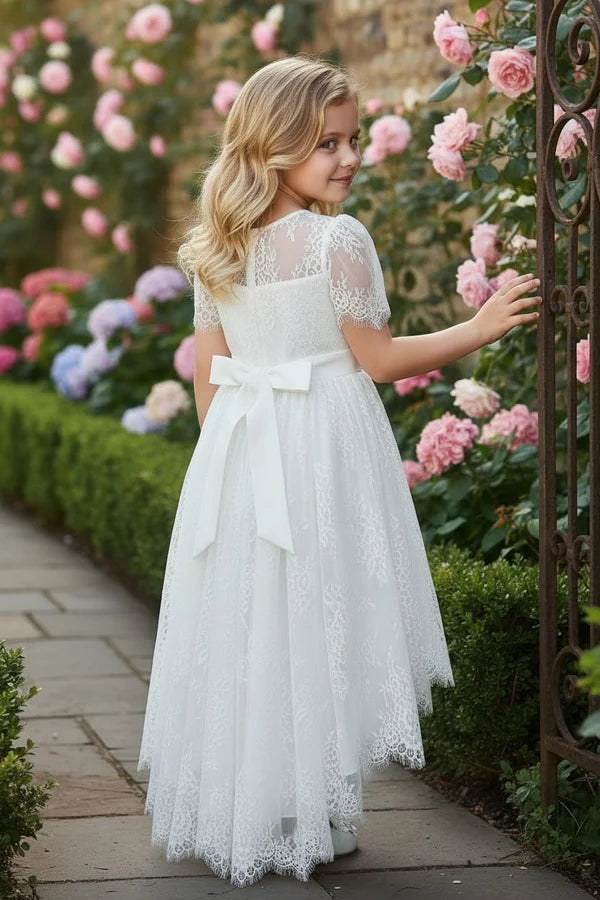 Short Sleeve Lace White High Low Flower Girl Dresses with Rhinestone Belt