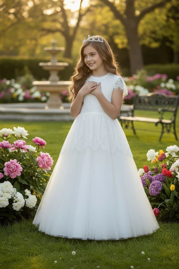 Short Sleeve Lace White Tulle Full Length Ball Gown Flower Girl Dresses