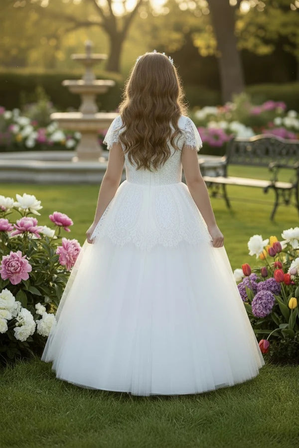 Short Sleeve Lace White Tulle Full Length Ball Gown Flower Girl Dresses