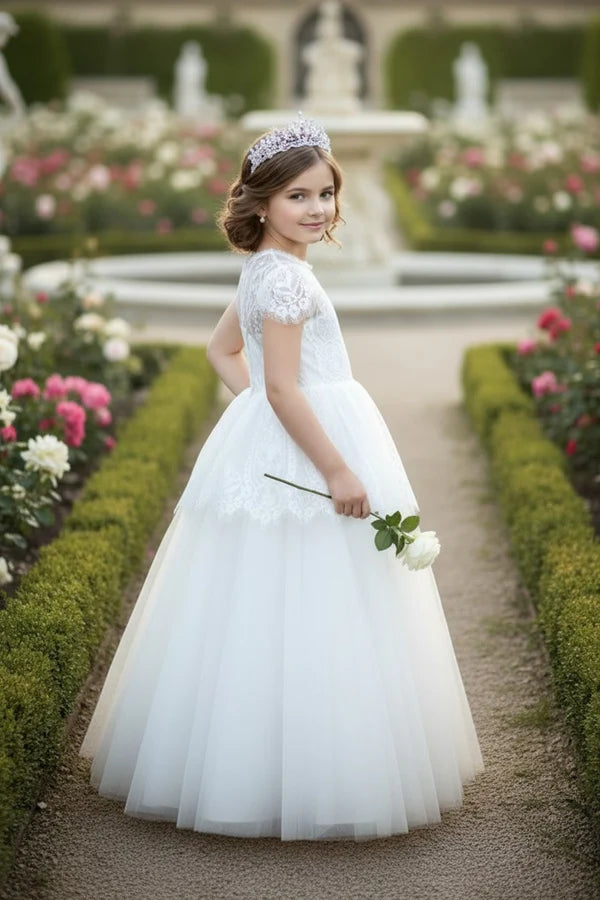 Short Sleeve Lace White Tulle Full Length Ball Gown Flower Girl Dresses