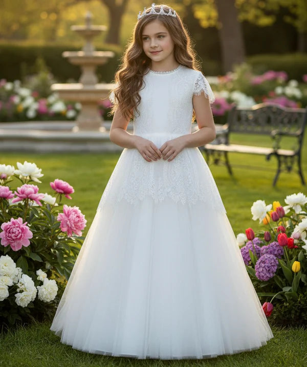 Short Sleeve Lace White Tulle Full Length Ball Gown Flower Girl Dresses