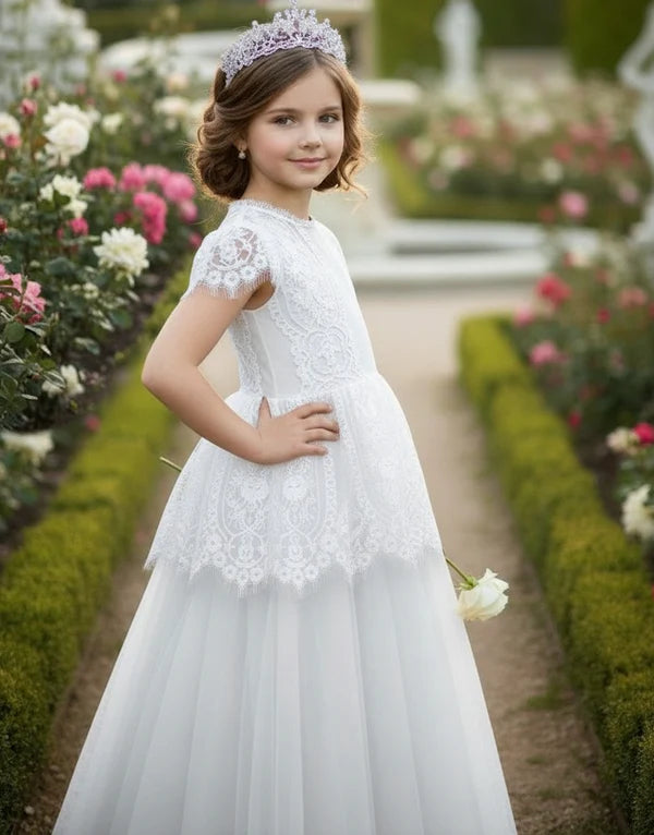 Short Sleeve Lace White Tulle Full Length Ball Gown Flower Girl Dresses
