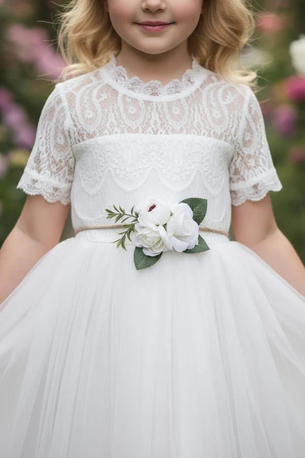 Short Sleeve Lace White Tulle Full Length Flower Girl Dresses with Heart Cutout Back & Floral Sash