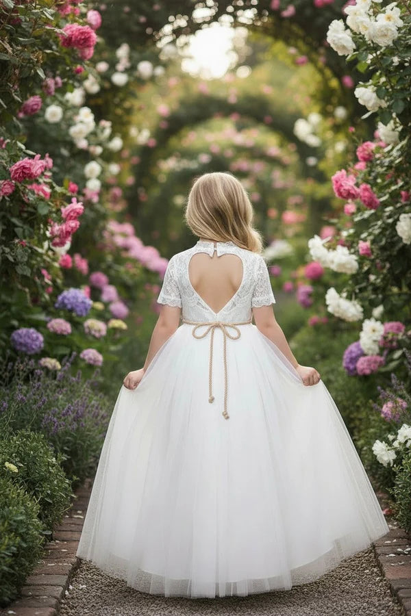 Short Sleeve Lace White Tulle Full Length Flower Girl Dresses with Heart Cutout Back & Floral Sash