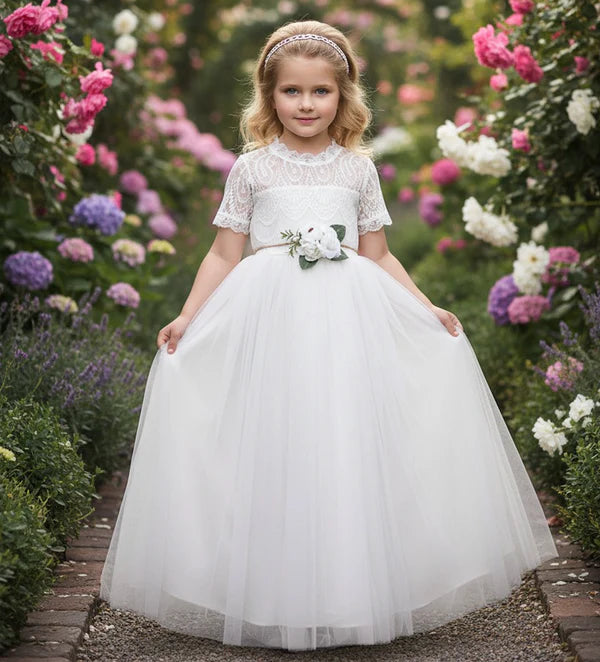 Short Sleeve Lace White Tulle Full Length Flower Girl Dresses with Heart Cutout Back & Floral Sash