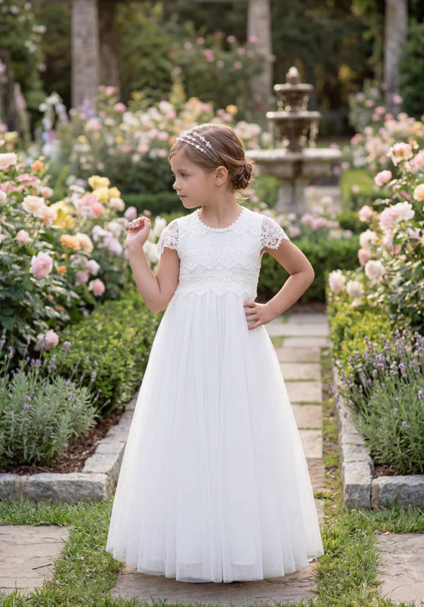 Short Sleeve Lace White Tulle Full Length Flower Girl Dresses