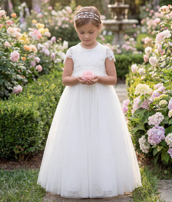 Short Sleeve Lace White Tulle Full Length Flower Girl Dresses