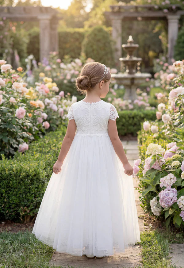 Short Sleeve Lace White Tulle Full Length Flower Girl Dresses